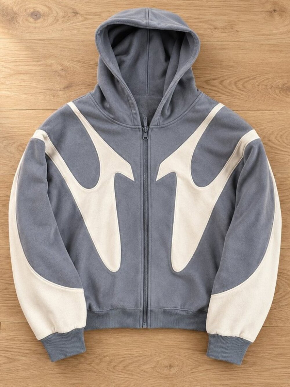 Grey and cream two tone moto zip up hoodie - y2k streetwear panel hoodie